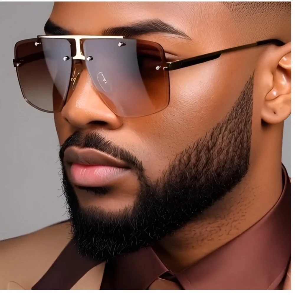 Men's Oversized Square Rimless Sunglasses Gold Double Bridge Gradient Brown Lens